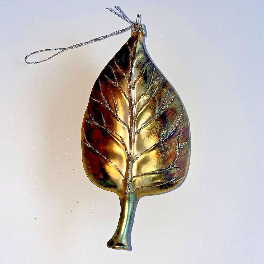 Glass Glitter Leaf Ornament sz 6.5 inches from cap to bottom